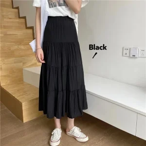 Spring Summer Women Cotton Skirts Vintage High Waist Elastic Patchwork White & Black Chic Long Skirt