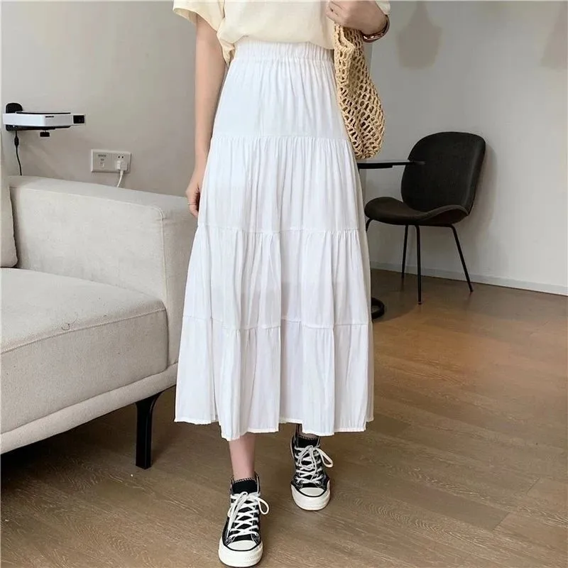 Spring Summer Women Cotton Skirts Vintage High Waist Elastic Patchwork White & Black Chic Long Skirt